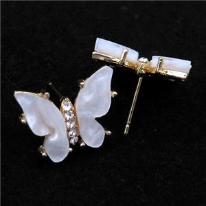 white pearlized Resin Butterfly Stud Earrings, gold plated, approx 11-15mm [FN23324]