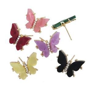 Resin Butterfly Stud Earrings pave zircon, gold plated, mixed color, approx 11-15mm [FN23326]