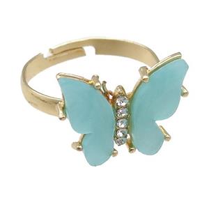 teal Resin Butterfly Rings, adjustable, gold plated, approx 14-18mm [FN23327]