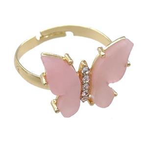 pink Resin Butterfly Rings, adjustable, gold plated, approx 14-18mm [FN23330]