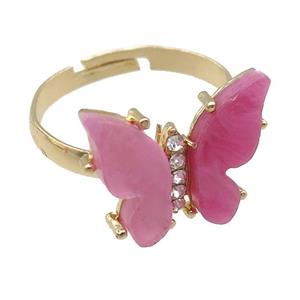 pink Resin Butterfly Rings, adjustable, gold plated, approx 14-18mm [FN23331]