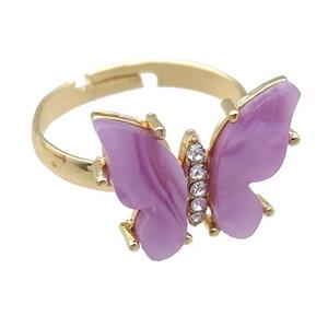 lavender Resin Butterfly Rings, adjustable, gold plated, approx 14-18mm [FN23332]