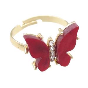 red Resin Butterfly Rings, adjustable, gold plated, approx 14-18mm [FN23333]
