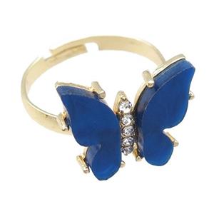 blue Resin Butterfly Rings, adjustable, gold plated, approx 14-18mm [FN23334]