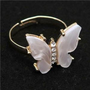 white pearlized Resin Butterfly Rings, adjustable, gold plated, approx 14-18mm [FN23337]