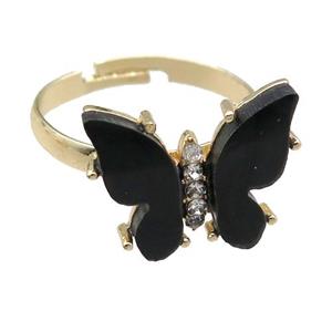 black Resin Butterfly Rings, adjustable, gold plated, approx 14-18mm [FN23338]