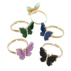 Resin Butterfly Rings, adjustable, gold plated, mixed color, approx 14-18mm [FN23339]