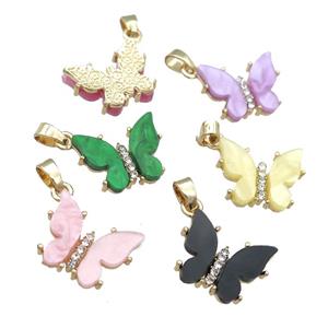 Resin Butterfly Pendant paved zircon, gold plated, mixed, approx 15-18mm [FN23393]