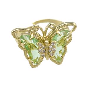 lt.green Crystal Glass Butterfly Rings, adjustable, gold plated, approx 20-23mm, 18mm dia [FN23394]