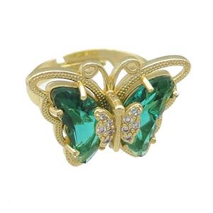 peacockgreen Crystal Glass Butterfly Rings, adjustable, gold plated, approx 20-23mm, 18mm dia [FN23395]