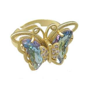 lt.blue Crystal Glass Butterfly Rings, adjustable, gold plated, approx 20-23mm, 18mm dia [FN23396]