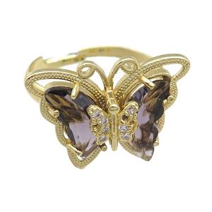 purple Crystal Glass Butterfly Rings, adjustable, gold plated, approx 20-23mm, 18mm dia [FN23397]