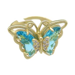 teal Crystal Glass Butterfly Rings, adjustable, gold plated, approx 20-23mm, 18mm dia [FN23398]