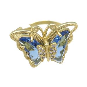 blue Crystal Glass Butterfly Rings, adjustable, gold plated, approx 20-23mm, 18mm dia [FN23400]