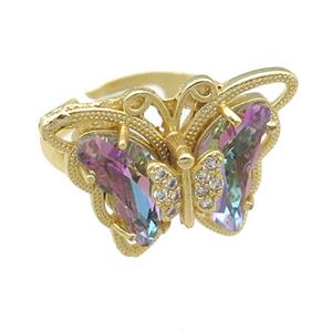 multicolor Crystal Glass Butterfly Rings, adjustable, gold plated, approx 20-23mm, 18mm dia [FN23402]
