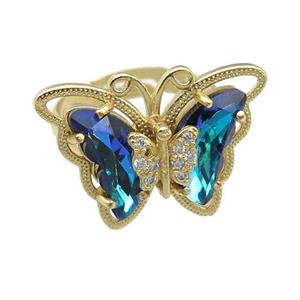 Crystal Glass Butterfly Rings, adjustable, gold plated, approx 20-23mm, 18mm dia [FN23403]
