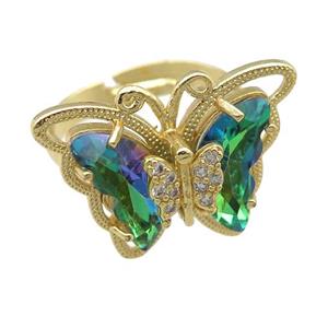 green Crystal Glass Butterfly Rings, adjustable, gold plated, approx 20-23mm, 18mm dia [FN23405]