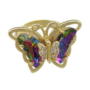 rainbow Crystal Glass Butterfly Rings, adjustable, gold plated, approx 20-23mm, 18mm dia [FN23406]