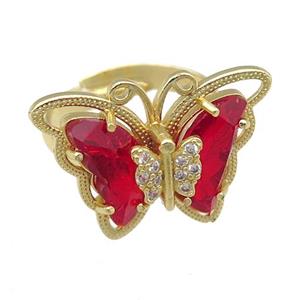 red Crystal Glass Butterfly Rings, adjustable, gold plated, approx 20-23mm, 18mm dia [FN23408]
