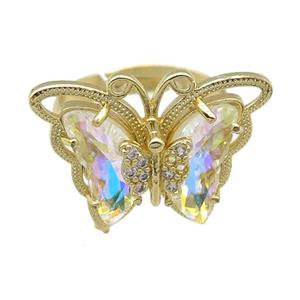 clear AB-color Crystal Glass Butterfly Rings, adjustable, gold plated, approx 20-23mm, 18mm dia [FN23410]