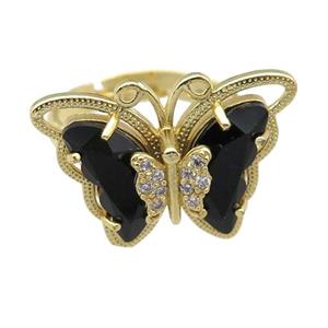 black Crystal Glass Butterfly Rings, adjustable, gold plated, approx 20-23mm, 18mm dia [FN23411]