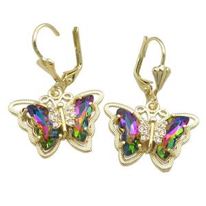 rainbow Crystal Glass Butterfly Latchback Earring, gold plated, approx 15-22mm [FN23422]
