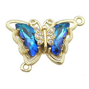 blue Crystal Glass Butterfly Connector, gold plated, approx 15-22mm [FN23429]