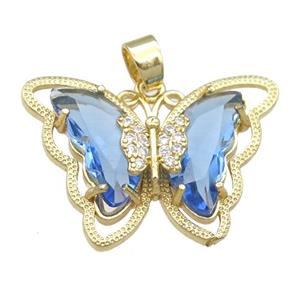 blue Crystal Glass Butterfly Pendant, gold plated, approx 21-28mm [FN23447]