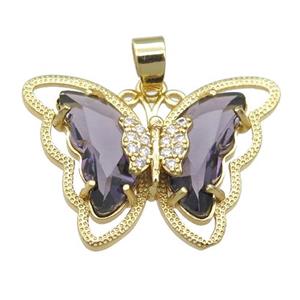 purple Crystal Glass Butterfly Pendant, gold plated, approx 21-28mm [FN23451]