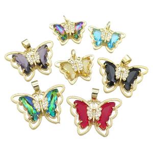Crystal Glass Butterfly Pendant pave zircon, gold plated, mixed, approx 15-22mm [FN23463-S]