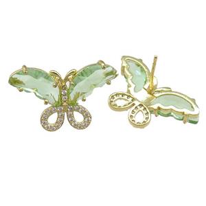 lt.green Crystal Glass Butterfly Stud Earring, gold plated, approx 15-23mm [FN23464]