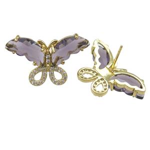 purple Crystal Glass Butterfly Stud Earring, gold plated, approx 15-23mm [FN23471]