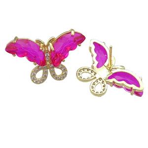 hotpink Crystal Glass Butterfly Stud Earring, gold plated, approx 15-23mm [FN23472]