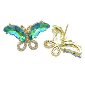 green Crystal Glass Butterfly Stud Earring, gold plated, approx 15-23mm [FN23475]