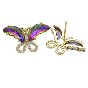 rainbow Crystal Glass Butterfly Stud Earring, gold plated, approx 15-23mm [FN23476]