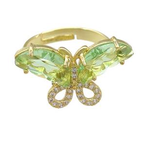 lt.green Crystal Glass Butterfly Rings, adjustable, gold plated, approx 15-23mm, 18mm dia [FN23483]