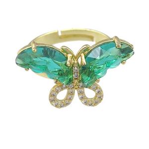 green Crystal Glass Butterfly Rings, adjustable, gold plated, approx 15-23mm, 18mm dia [FN23484]