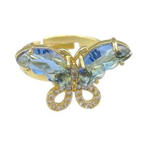 lt.blue Crystal Glass Butterfly Rings, adjustable, gold plated, approx 15-23mm, 18mm dia [FN23485]