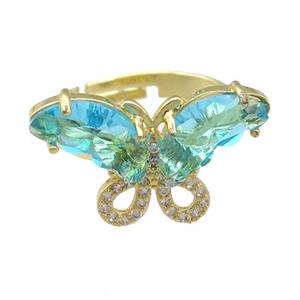 aqua Crystal Glass Butterfly Rings, adjustable, gold plated, approx 15-23mm, 18mm dia [FN23487]