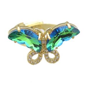peacockgreen Crystal Glass Butterfly Rings, adjustable, gold plated, approx 15-23mm, 18mm dia [FN23488]