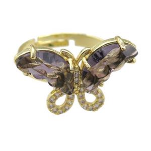 purple Crystal Glass Butterfly Rings, adjustable, gold plated, approx 15-23mm, 18mm dia [FN23489]