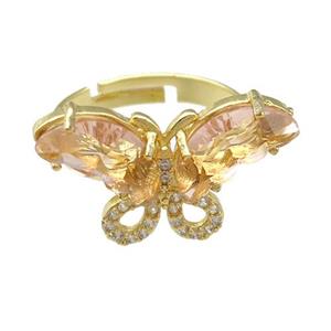 peach Crystal Glass Butterfly Rings, adjustable, gold plated, approx 15-23mm, 18mm dia [FN23491]