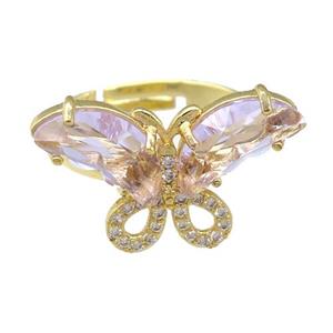 lt.pink Crystal Glass Butterfly Rings, adjustable, gold plated, approx 15-23mm, 18mm dia [FN23492]