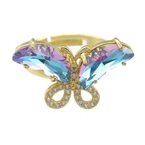lt.bluepurple Crystal Glass Butterfly Rings, adjustable, gold plated, approx 15-23mm, 18mm dia [FN23494]