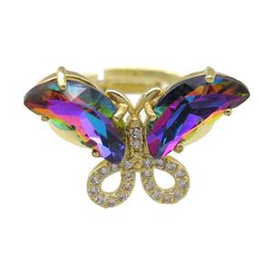 rainbow Crystal Glass Butterfly Rings, adjustable, gold plated, approx 15-23mm, 18mm dia [FN23495]