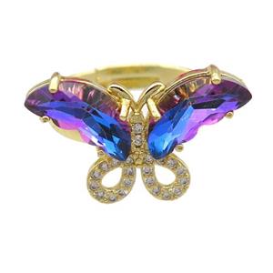 bluepurple Crystal Glass Butterfly Rings, adjustable, gold plated, approx 15-23mm, 18mm dia [FN23496]