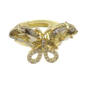 smoky Crystal Glass Butterfly Rings, adjustable, gold plated, approx 15-23mm, 18mm dia [FN23497]