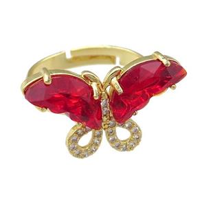 red Crystal Glass Butterfly Rings, adjustable, gold plated, approx 15-23mm, 18mm dia [FN23498]