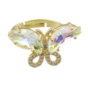 clear AB-color Crystal Glass Butterfly Rings, adjustable, gold plated, approx 15-23mm, 18mm dia [FN23500]