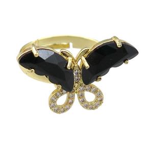 black Crystal Glass Butterfly Rings, adjustable, gold plated, approx 15-23mm, 18mm dia [FN23501]